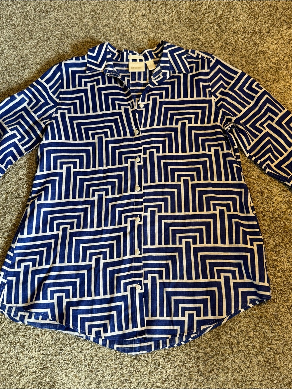Chico's Size 1 No Iron Linen Button Up Blouse 3/4 Sleeve Blue White